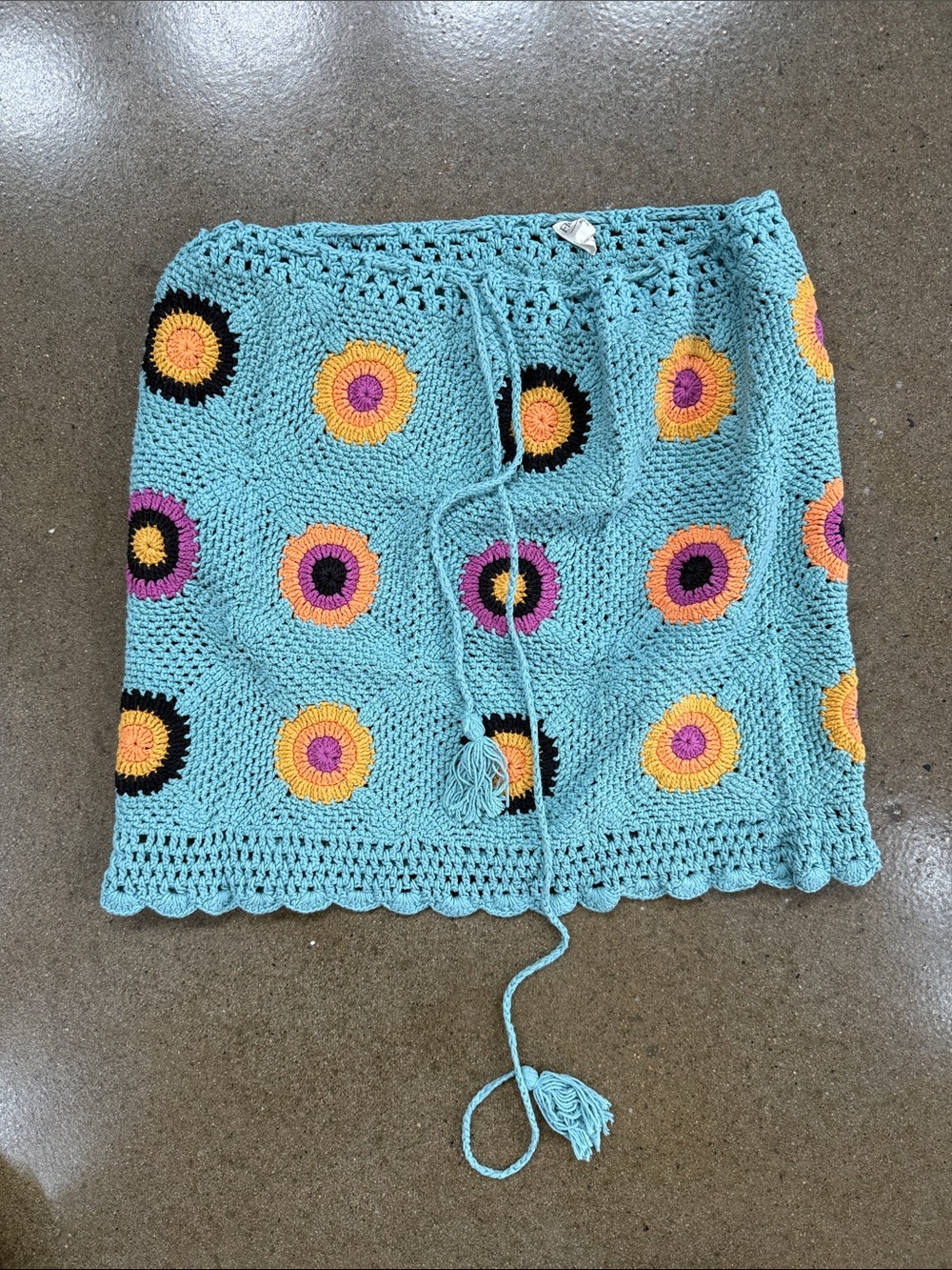 Aqua Crochet Sunburst Mini Skirt with Tie Waist